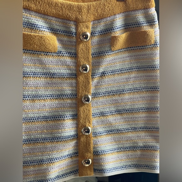 Milly Yellow and Blue Striped Tweed Skirt with Gold Buttons - Picture 3 of 12